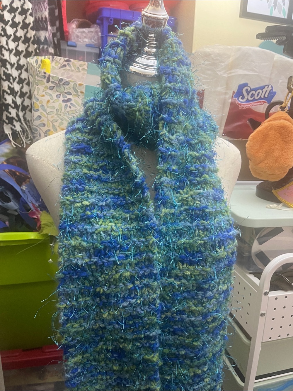 Cozy Handcrafted scarf with blue and green fuzzy eyelash accents S209